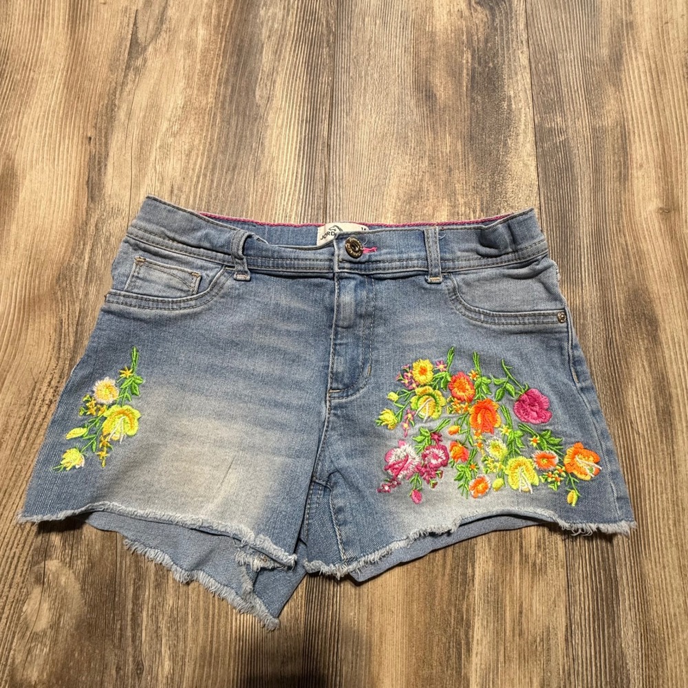 Boho Jordache Denim Shorts Light Wash Floral Embroidered Kidcore Girl 14